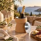 Cork Champagne cooler holding a chilled sparkling wine bottle in a Mediterranean dining setting