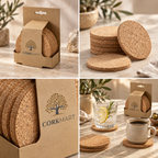 Cork coaster retail hanging pack editorial collage with official CorkMart branding