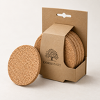 Cork coaster retail hanging pack with official CorkMart branding — premium studio hero