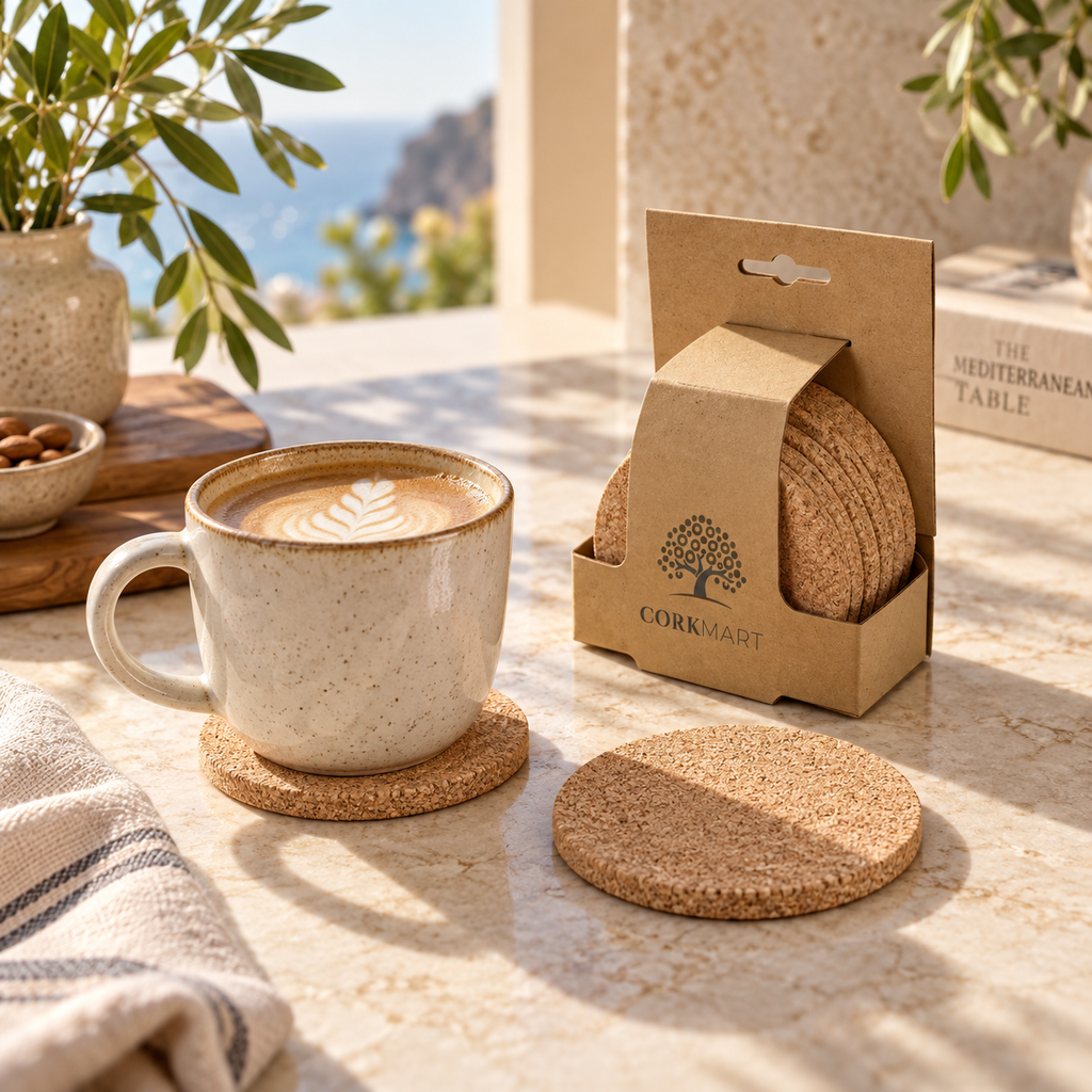 Cork coaster retail hanging pack and coaster in a bright Mediterranean coffee setting