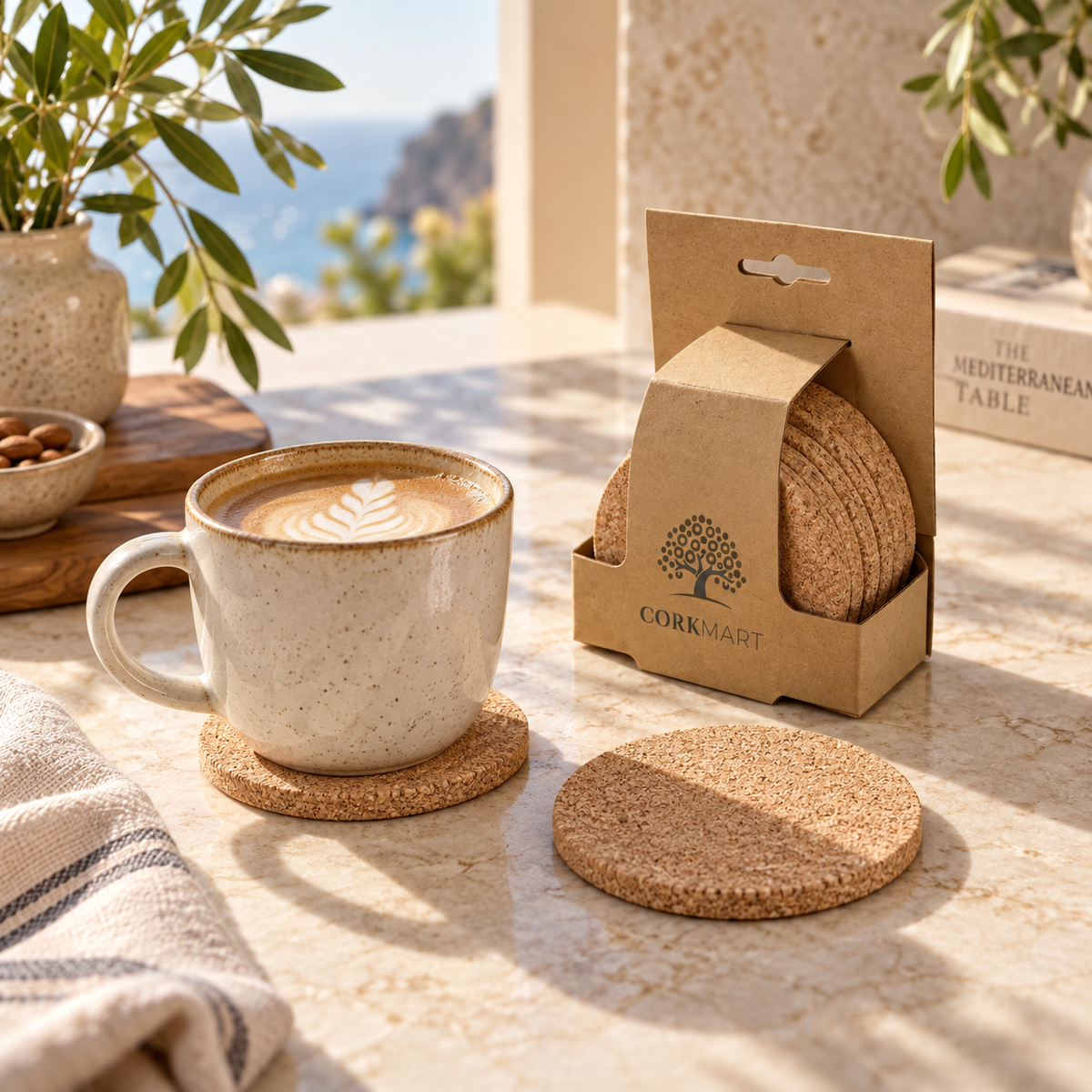 Cork coaster retail hanging pack and coaster in a bright Mediterranean coffee setting
