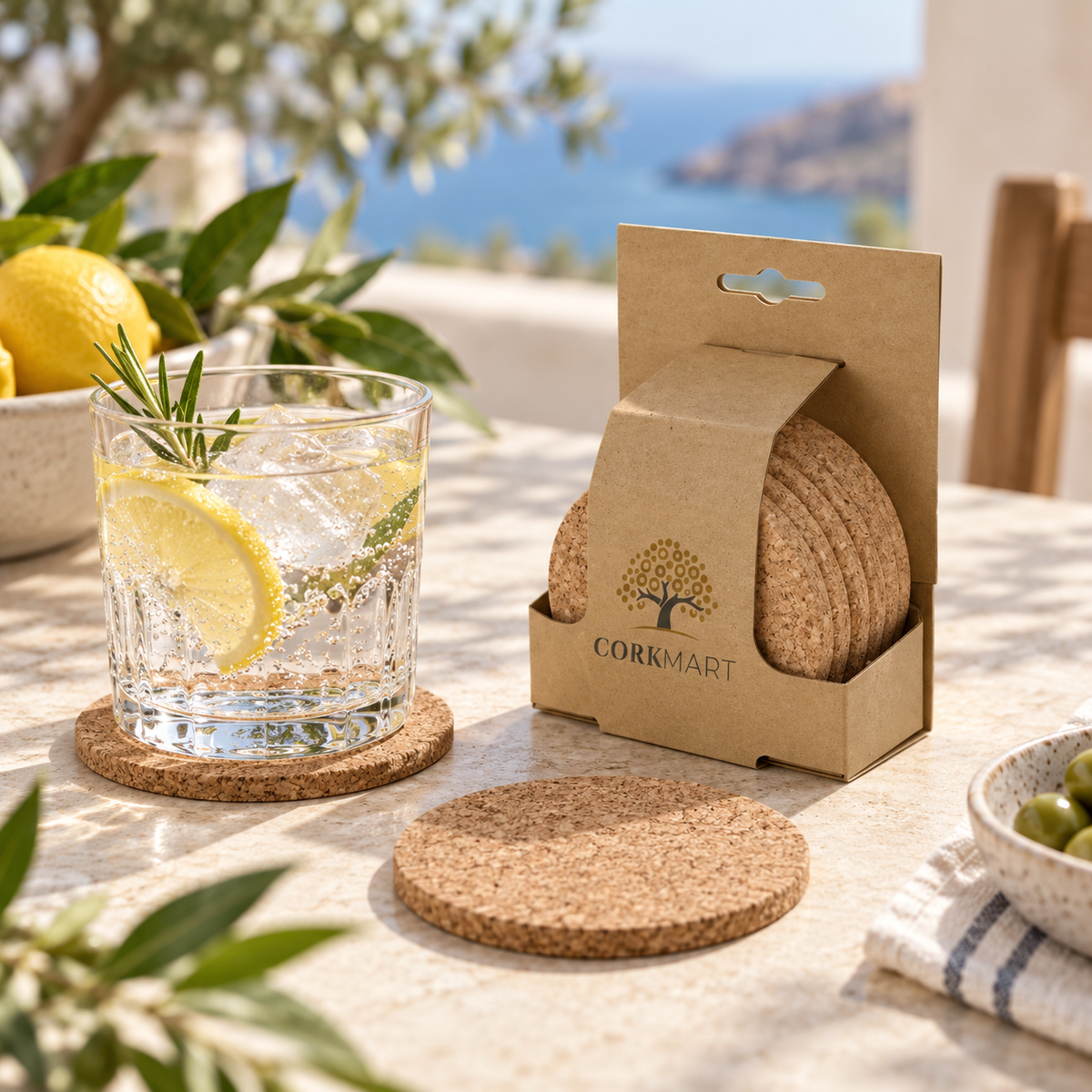 Cork coaster retail hanging pack and coaster in a bright Mediterranean cold-drink setting