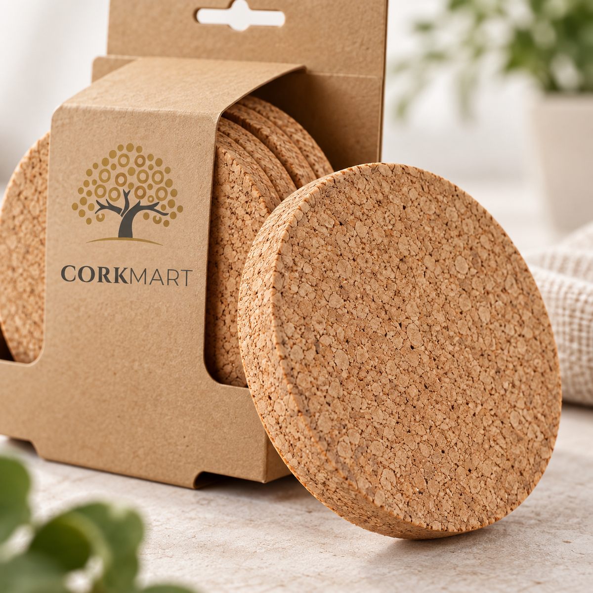 Close-up of natural cork coasters and official CorkMart branded retail packaging
