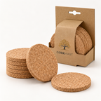 Cork coaster retail hanging pack with coasters displayed outside the packaging