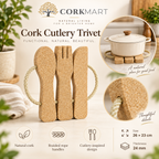Cork Cutlery Trivet product collage with size and material details