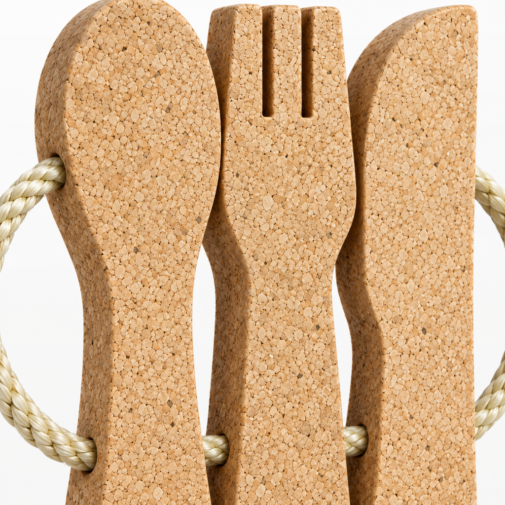 Close-up of Cork Cutlery Trivet cork texture and braided rope