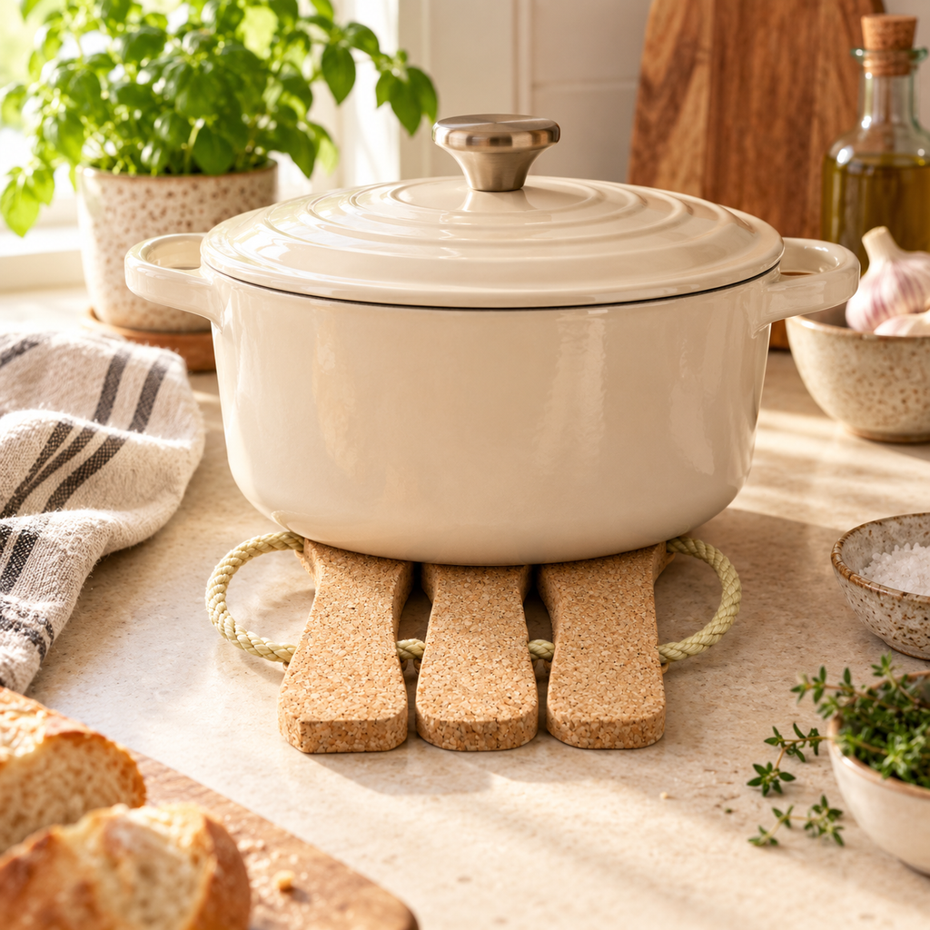 Cork Cutlery Trivet supporting a hot casserole in a kitchen