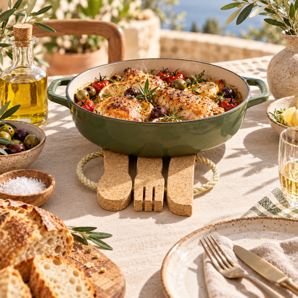 Cork Cutlery Trivet in a Mediterranean table setting