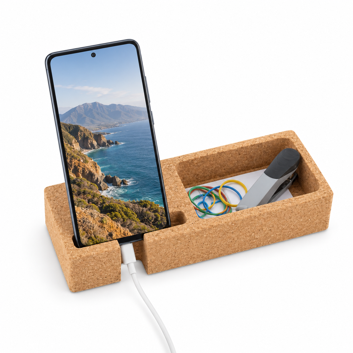 Cork Desk Organizer with Phone Stand, 220 × 85 × 43 mm, angled view