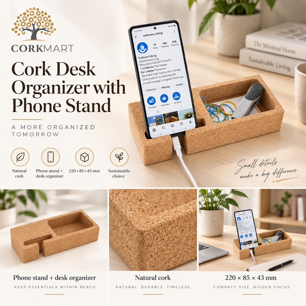 Cork Desk Organizer with Phone Stand editorial collage