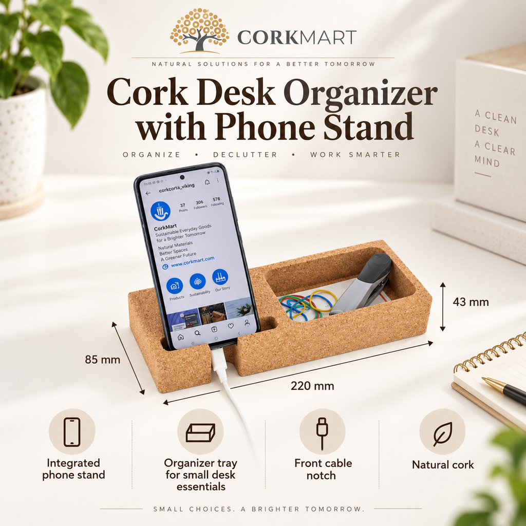 Cork Desk Organizer with Phone Stand infographic with dimensions and features