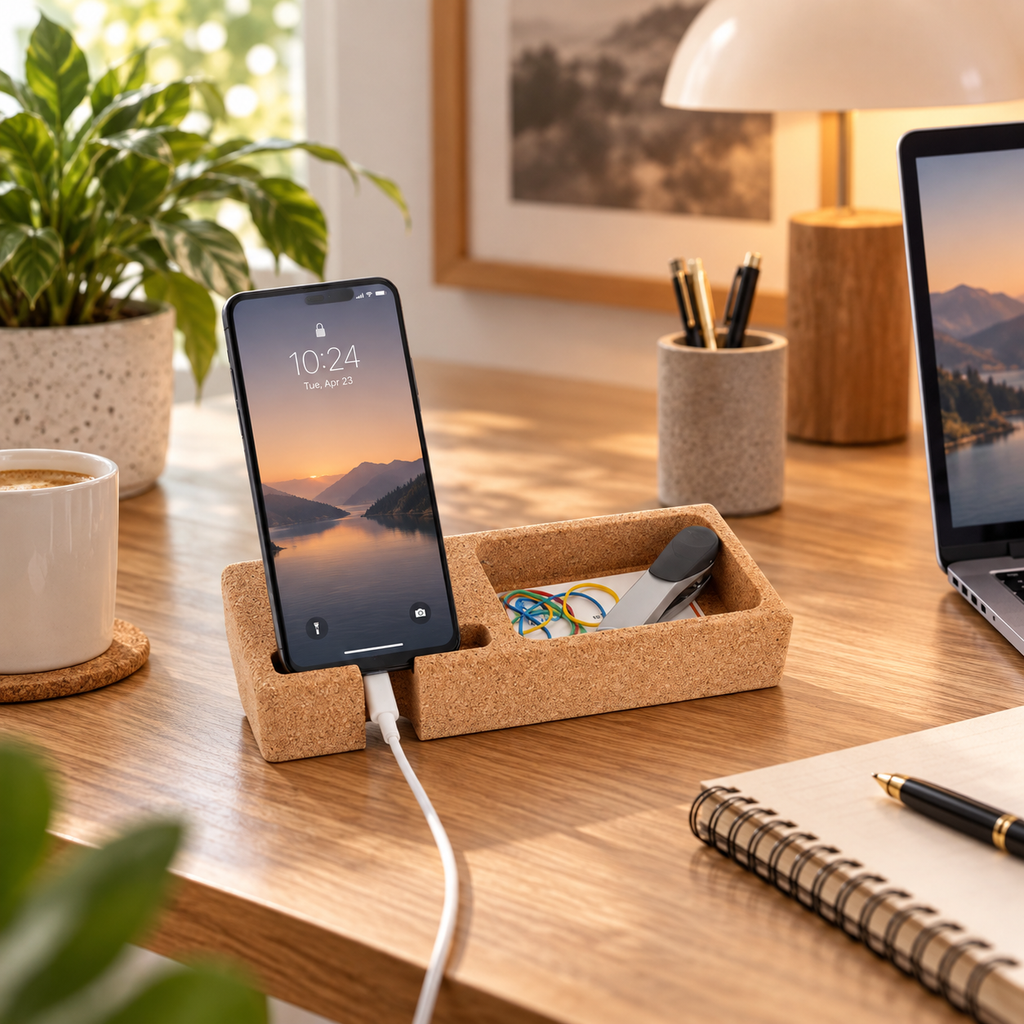 Cork Desk Organizer with Phone Stand in a premium home office
