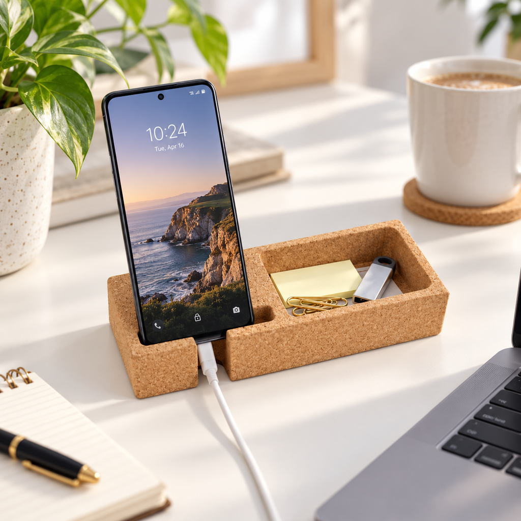 Cork Desk Organizer with Phone Stand in a real desk setup