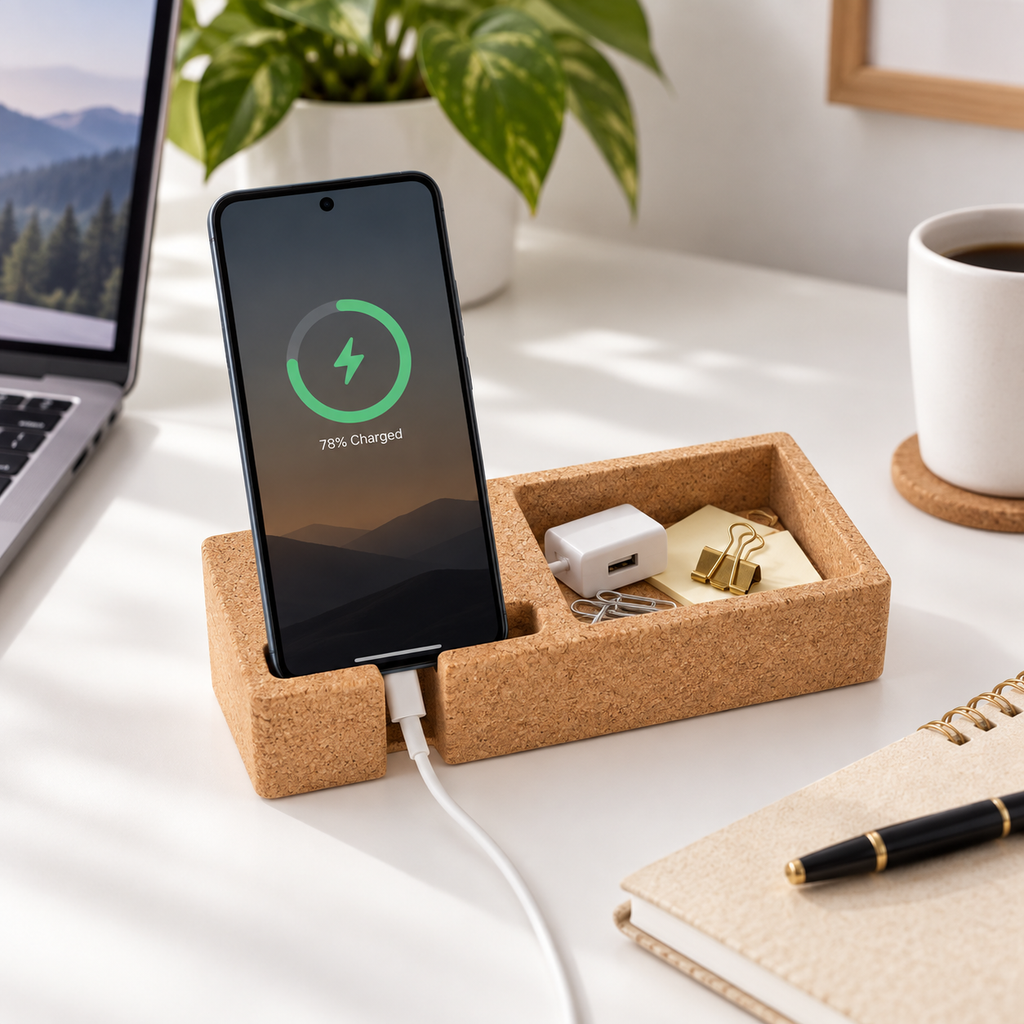 Cork Desk Organizer with Phone Stand used with smartphone and small desk essentials
