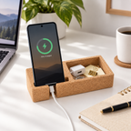 Cork Desk Organizer with Phone Stand used with smartphone and small desk essentials