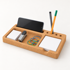 Cork Desk Organizer Tray, angled studio view showing phone slot, pen holes and compartments