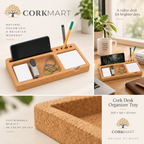 Cork Desk Organizer Tray editorial collage with official CorkMart logo, real use, cork texture and dimensions