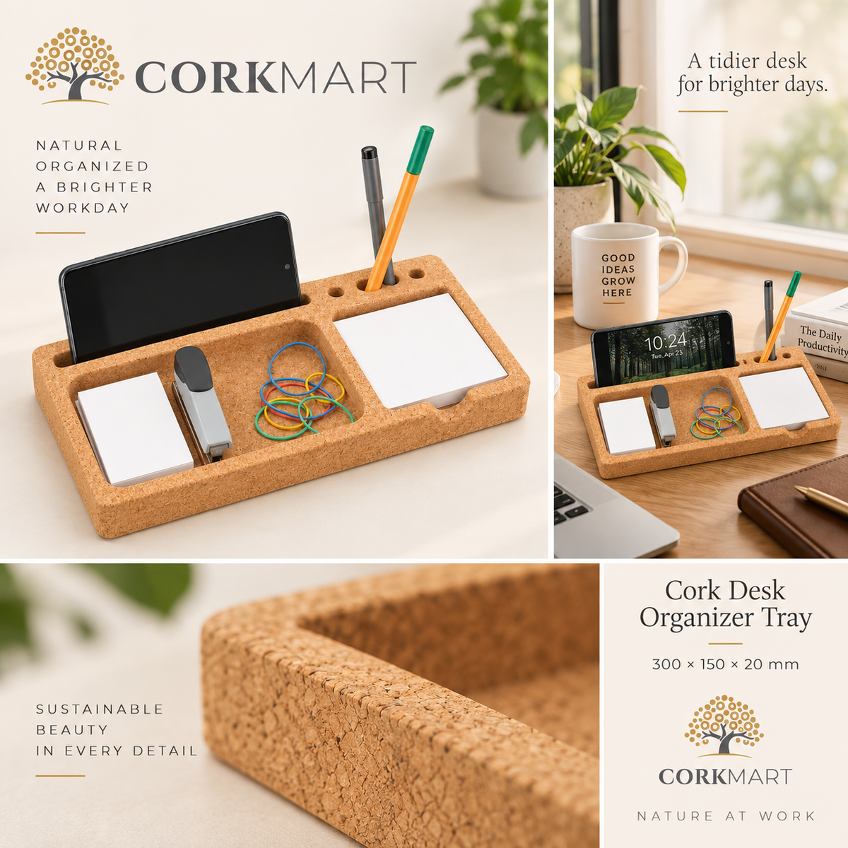 Cork Desk Organizer Tray editorial collage with official CorkMart logo, real use, cork texture and dimensions