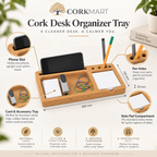 Cork Desk Organizer Tray infographic with official CorkMart logo and dimensions 300 × 150 × 20 mm