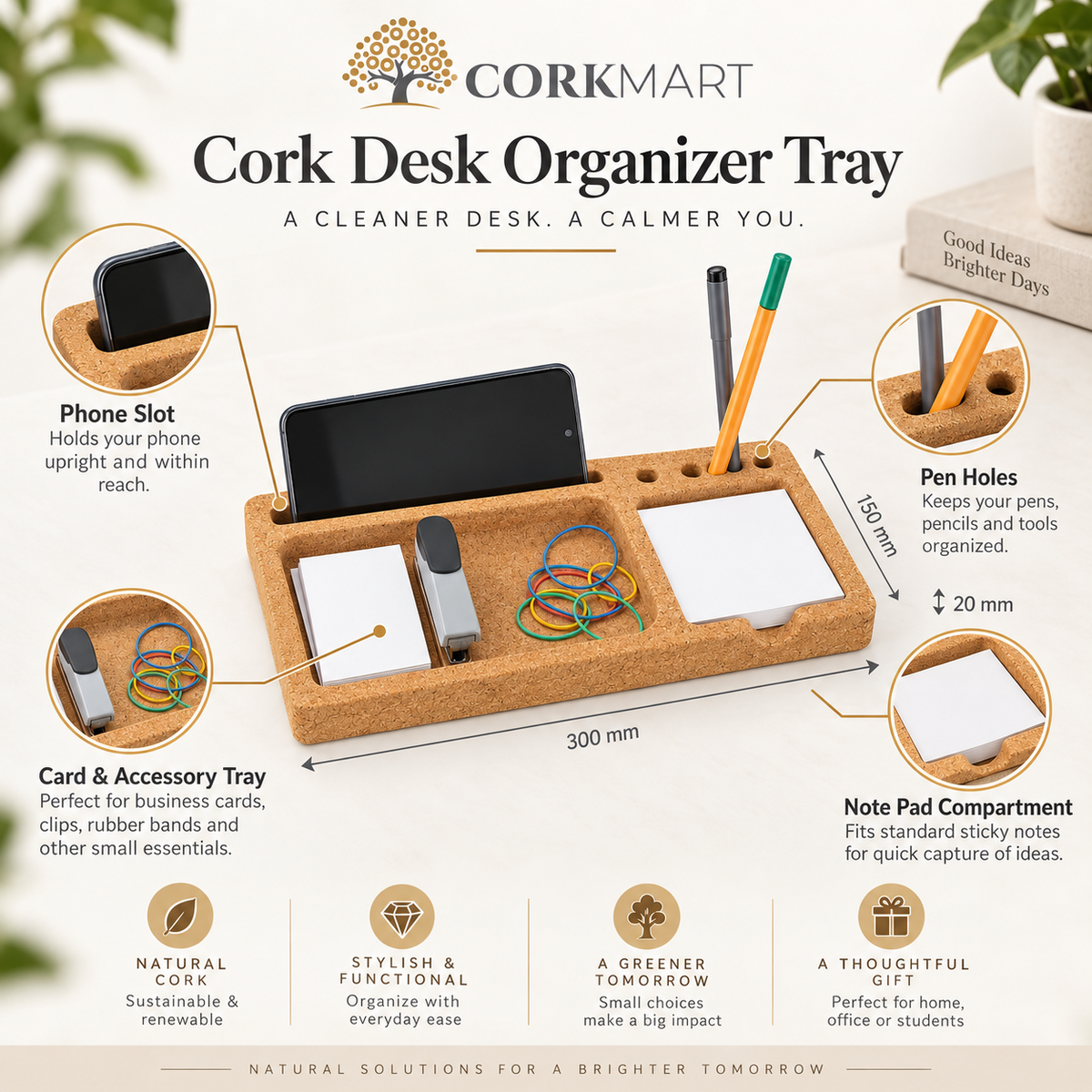 Cork Desk Organizer Tray infographic with official CorkMart logo and dimensions 300 × 150 × 20 mm
