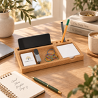 Cork Desk Organizer Tray in a warm sunlit home office setting