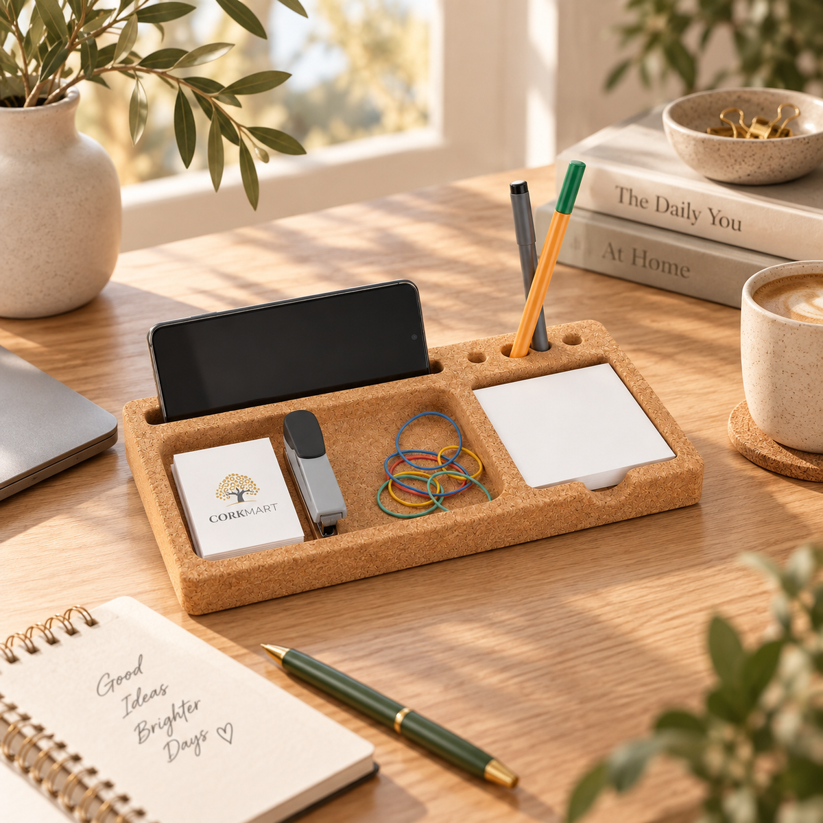 Cork Desk Organizer Tray in a warm sunlit home office setting