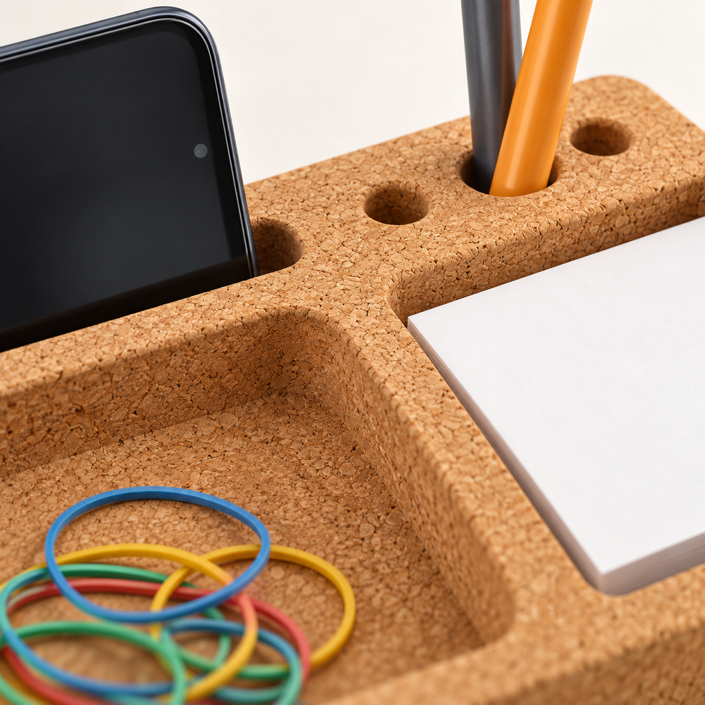 Macro detail of natural cork texture and organizer compartments