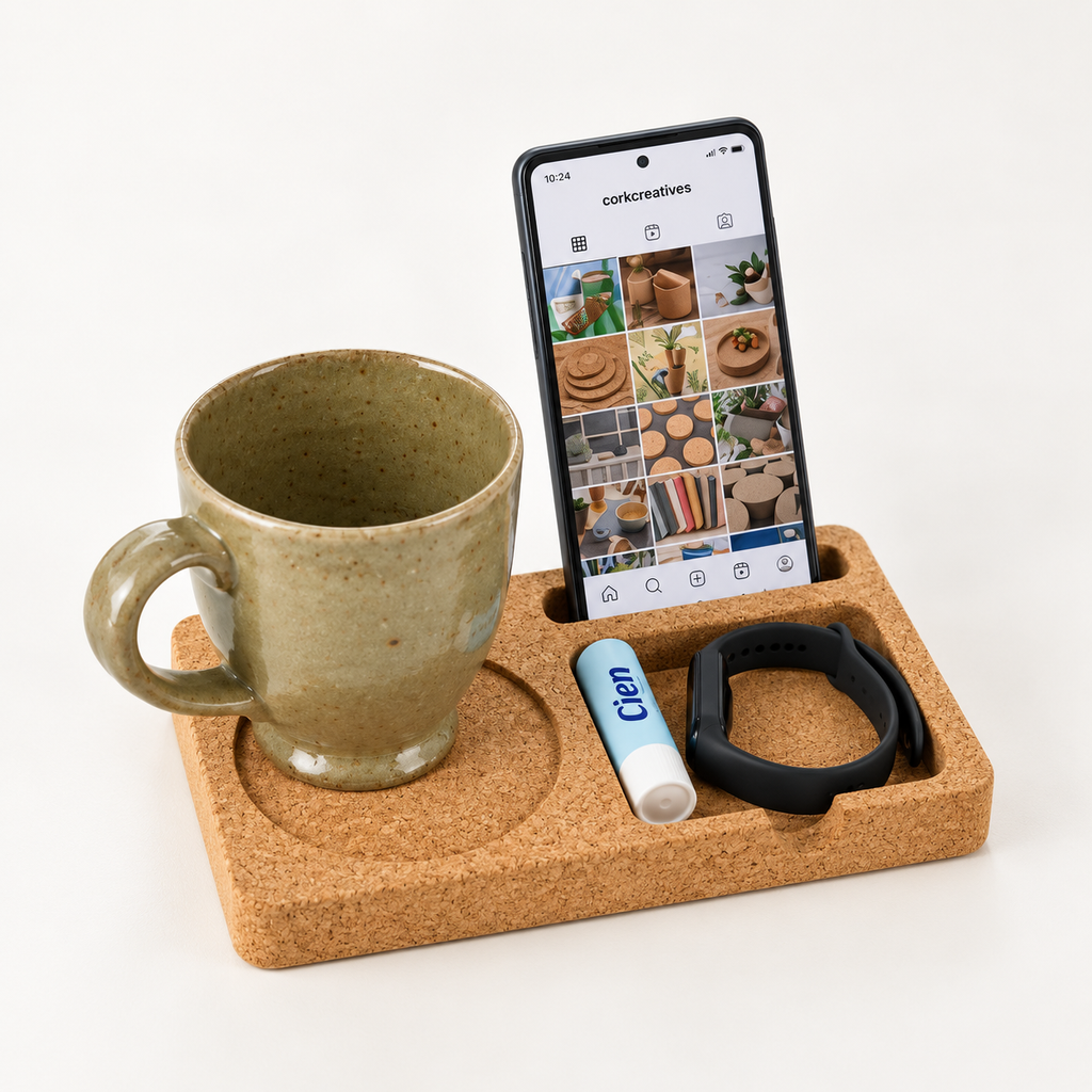 Cork Desk Organizer Tray Small, angled studio view showing compact proportions, cup recess, phone slot and accessory compartment