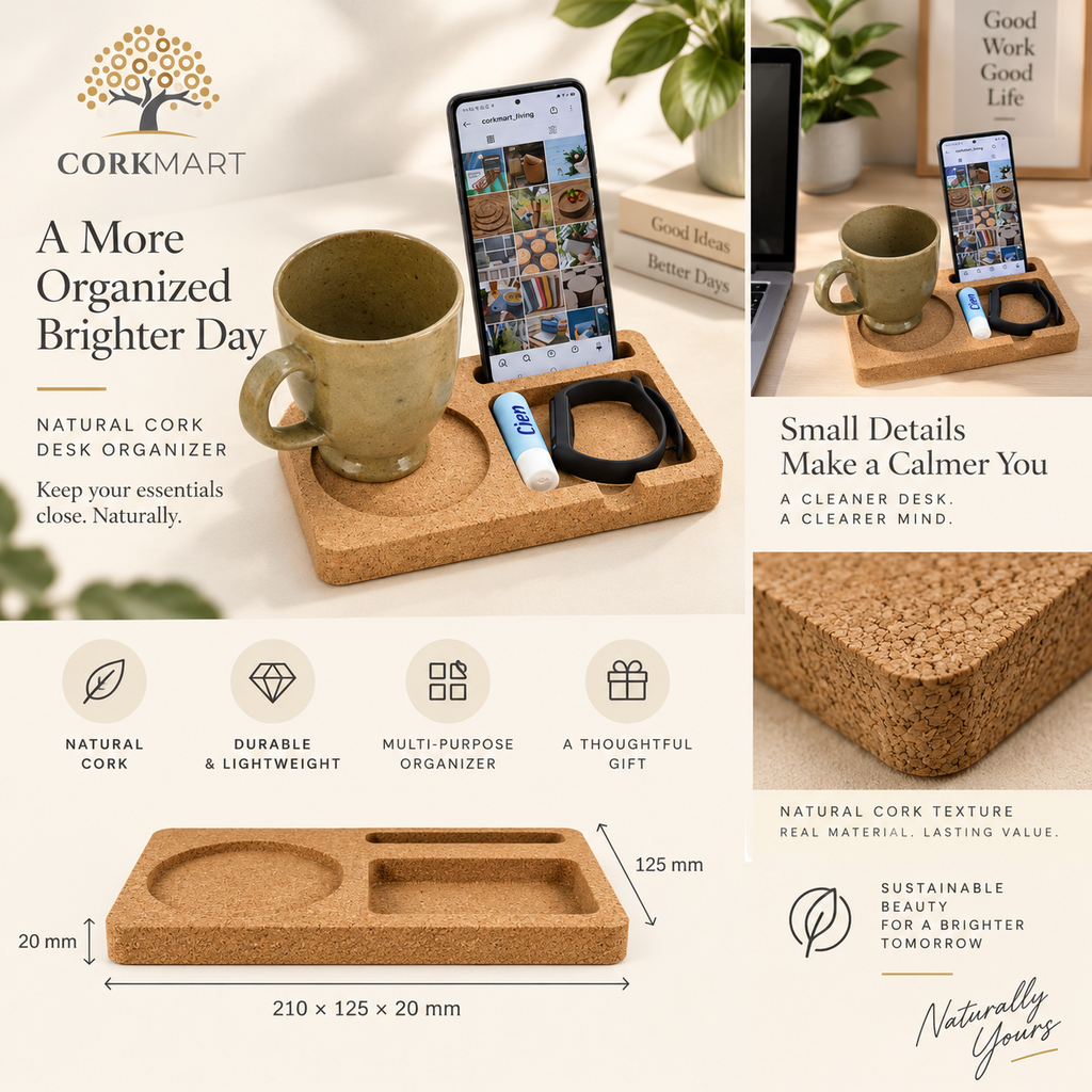 Cork Desk Organizer Tray Small editorial collage with official CorkMart logo, real use, cork texture and dimensions