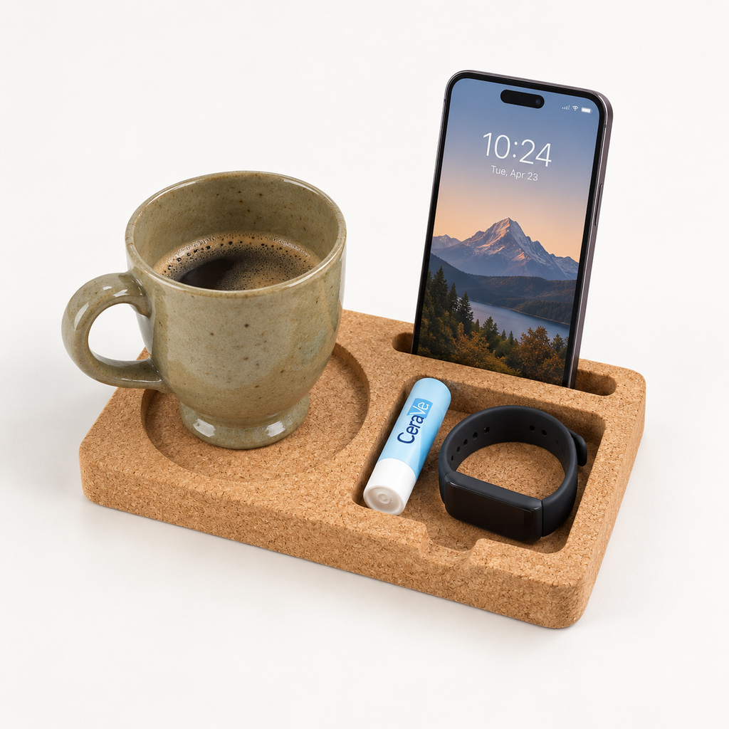 Cork Desk Organizer Tray Small, 210 × 125 × 20 mm, compact cork organizer with cup recess, phone slot and accessory compartment