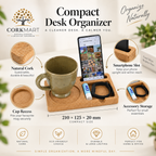 Cork Desk Organizer Tray Small infographic with official CorkMart logo and dimensions 210 × 125 × 20 mm
