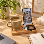 Cork Desk Organizer Tray Small in a warm sunlit workspace with coffee, phone and accessories