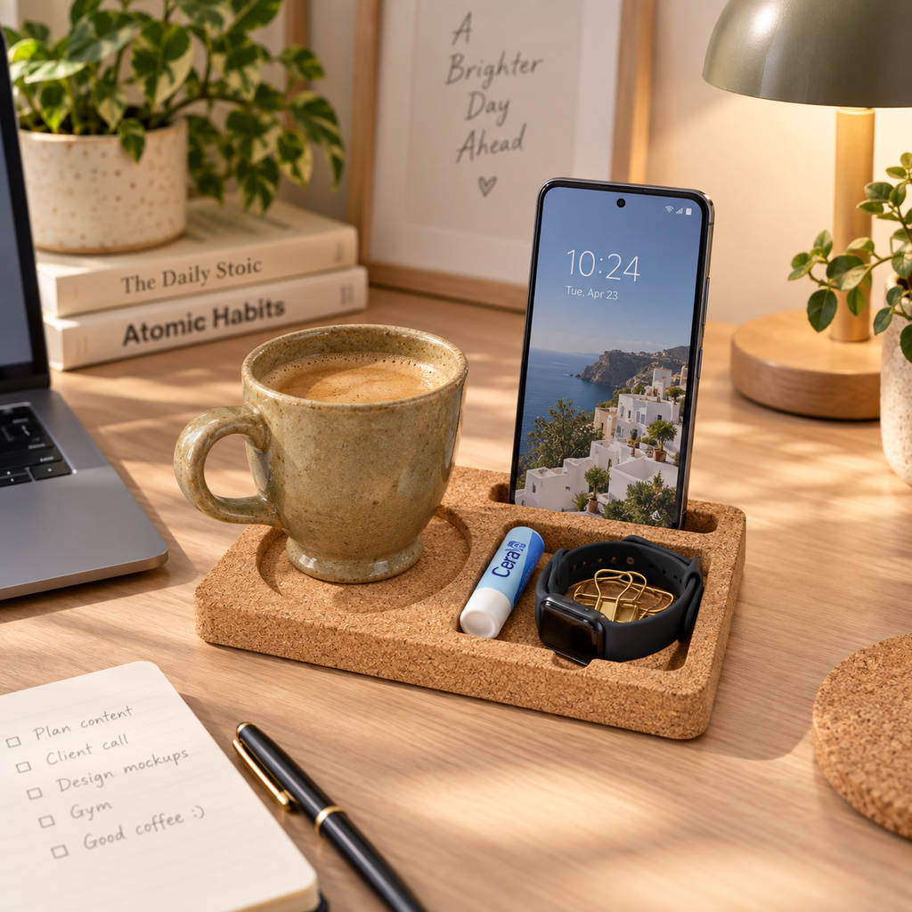 Cork Desk Organizer Tray Small used on a home office desk with coffee, phone and everyday essentials