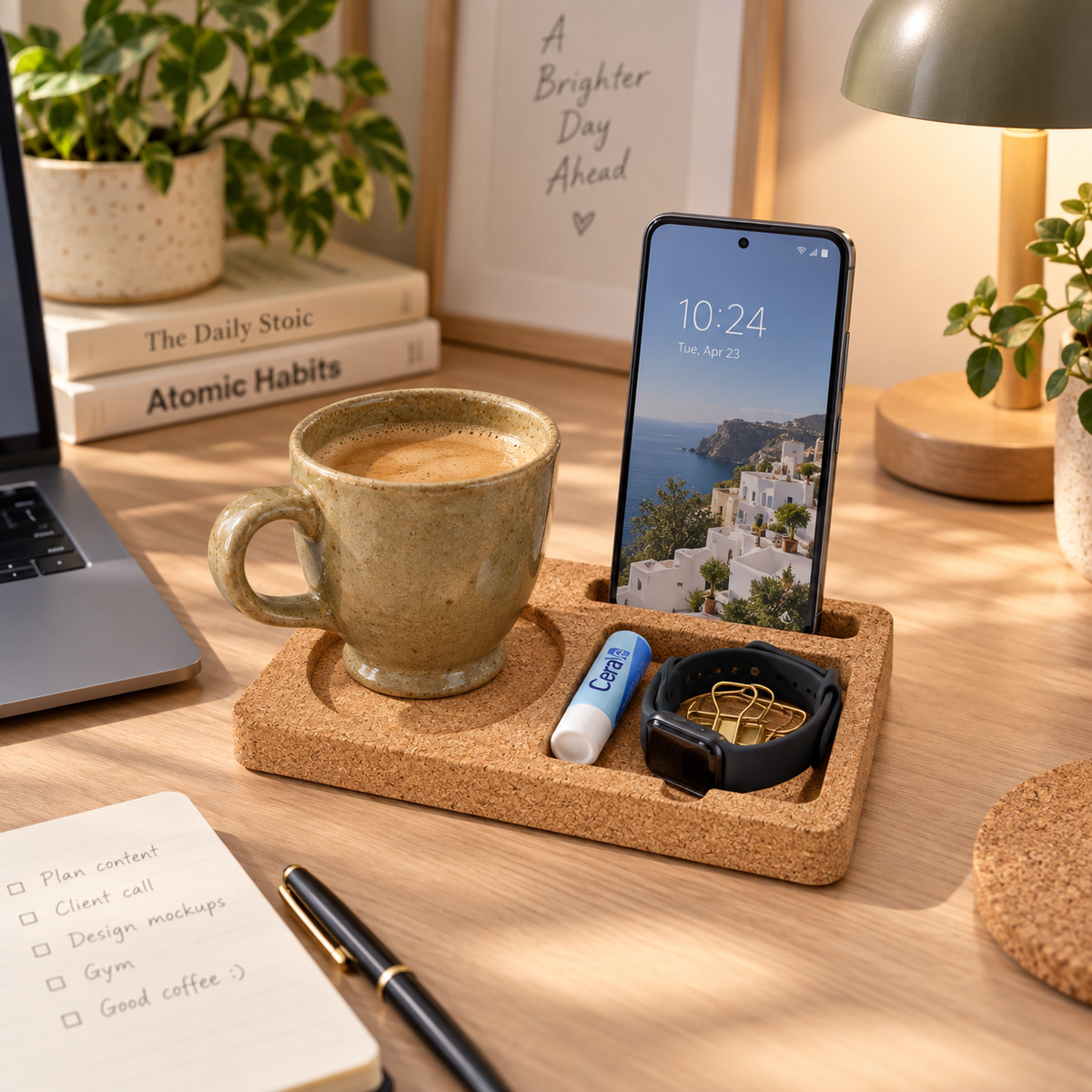 Cork Desk Organizer Tray Small used on a home office desk with coffee, phone and everyday essentials