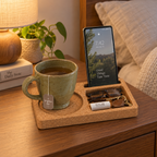 Cork Desk Organizer Tray Small used on a bedside table with tea, phone and small personal items