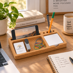 Cork Desk Organizer Tray used on a home office desk with phone, stationery and sticky notes
