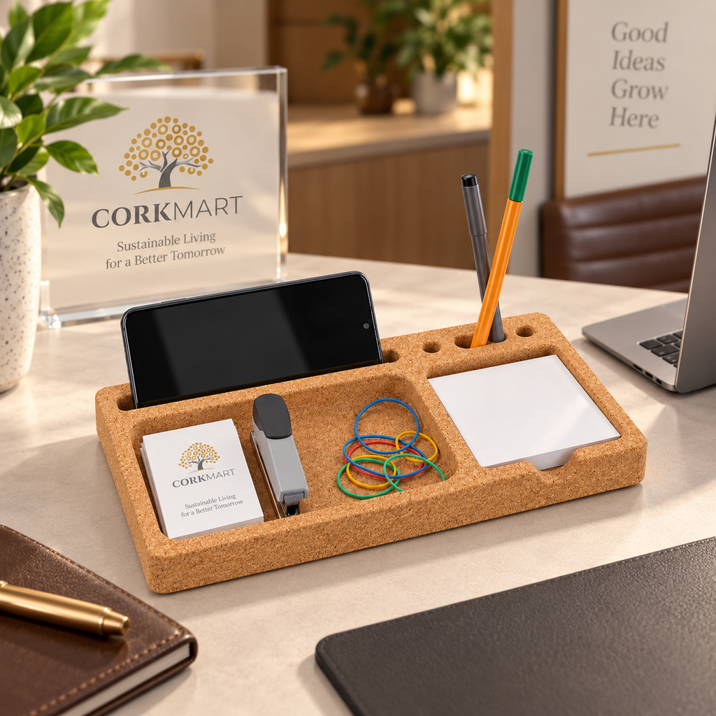 Cork Desk Organizer Tray used in a professional office workspace