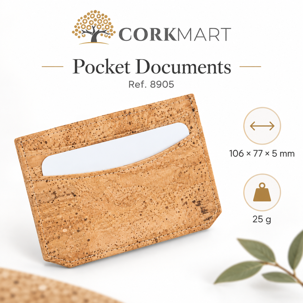 CorkMart infographic — Cork Document Holder Ref. 8905, 106 × 77 × 5 mm, 25 g
