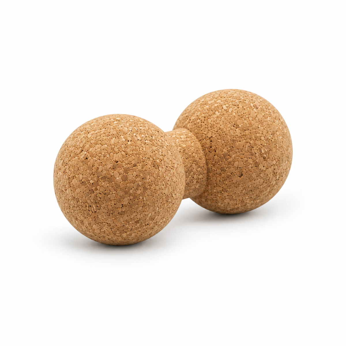Cork double massage ball in angled studio view showing the two Ø80 mm spheres and central channel