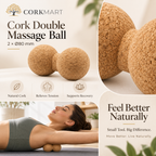 Cork double massage ball editorial collage with official CorkMart logo, product texture, use and 2 × Ø80 mm dimensions
