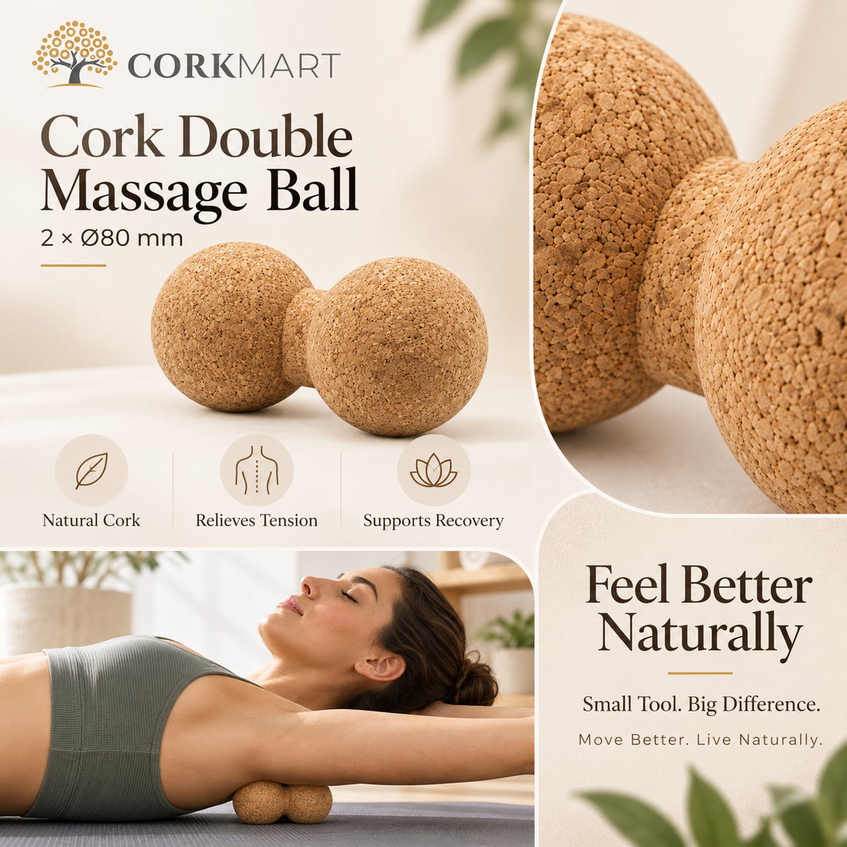Cork double massage ball editorial collage with official CorkMart logo, product texture, use and 2 × Ø80 mm dimensions