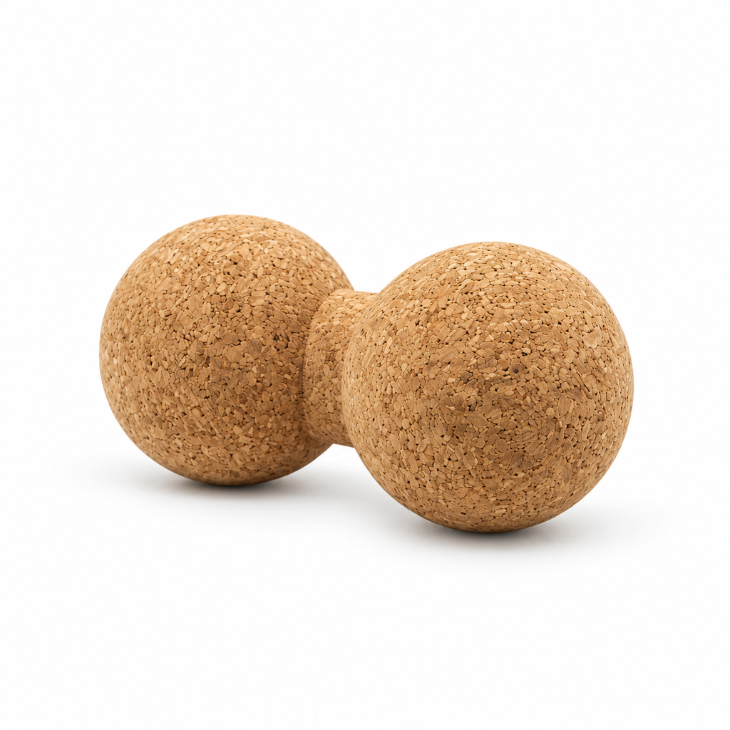 Cork double massage ball, peanut shape with two connected Ø80 mm cork spheres on white background