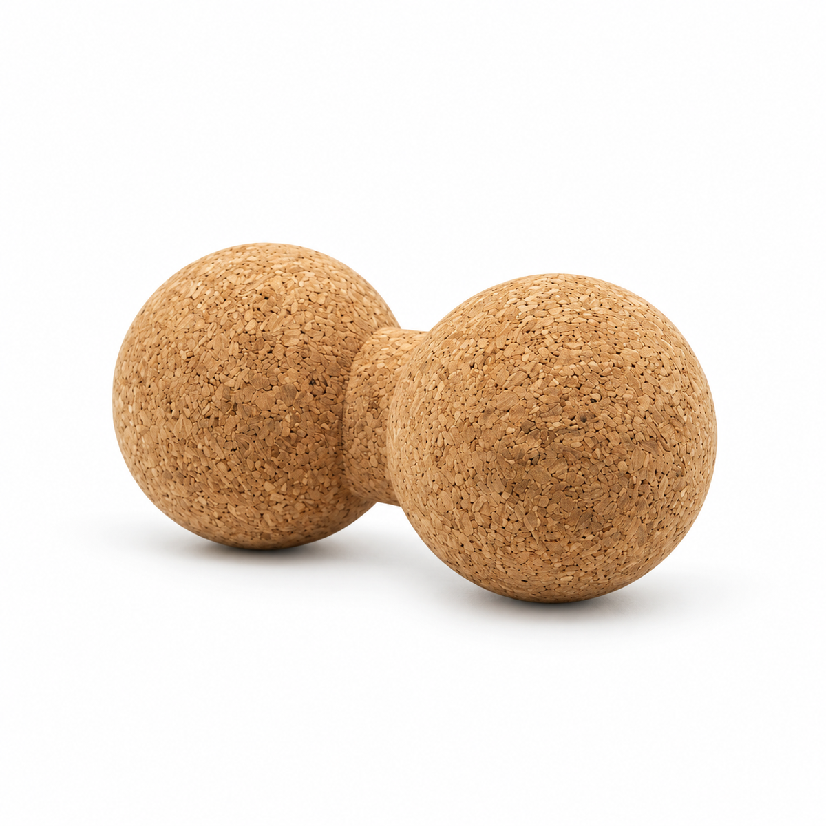 Cork double massage ball, peanut shape with two connected Ø80 mm cork spheres on white background