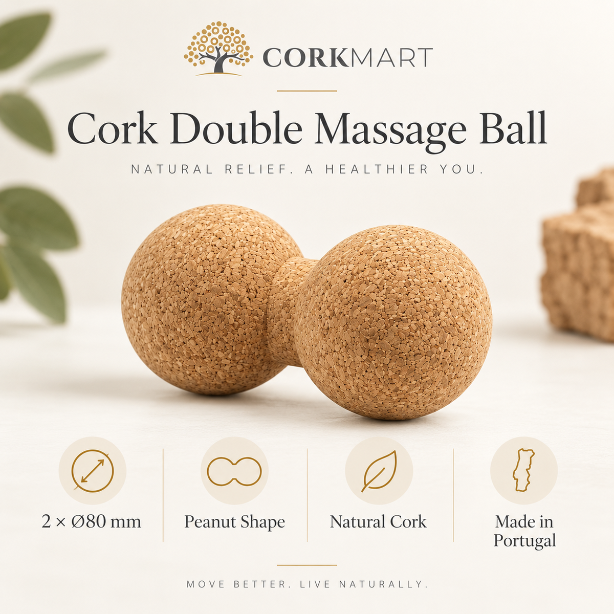 Cork double massage ball infographic with official CorkMart logo, 2 × Ø80 mm, natural cork and Made in Portugal
