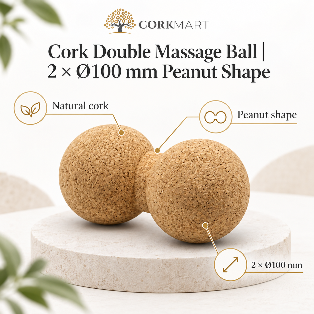Cork Double Massage Ball infographic with CorkMart branding