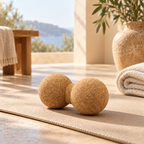 Cork double massage ball in a warm Mediterranean-inspired wellness setting