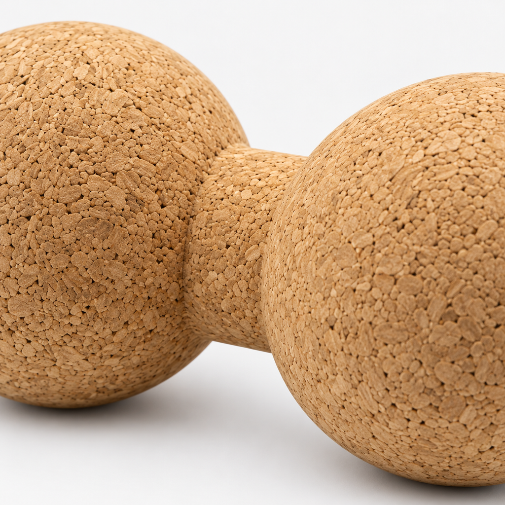 Cork Double Massage Ball macro detail of natural cork texture and center connection