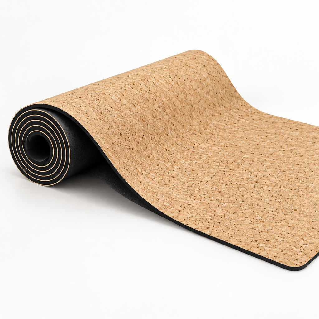 Cork & EPDM Yoga Mat 4 mm, angled studio view showing cork surface and black EPDM underside