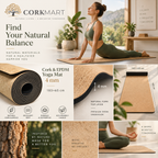 Cork & EPDM Yoga Mat editorial collage with official CorkMart logo, real use, cork texture, EPDM base and 183 × 65 cm dimensions