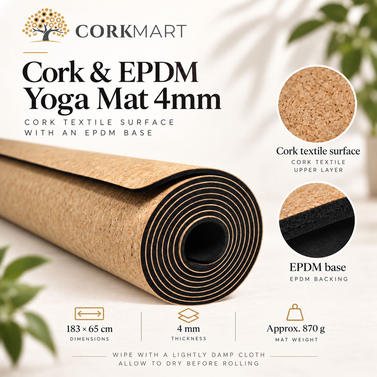 Cork & EPDM Yoga Mat infographic with CorkMart logo, cork textile surface, EPDM base, 183 × 65 cm dimensions, 4 mm thickness, approximate 870 g weight and care instructions